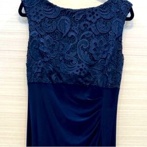 Alex Evenings Navy Lace Bodice Empire Waist Cowl Back Long Gown sz 12